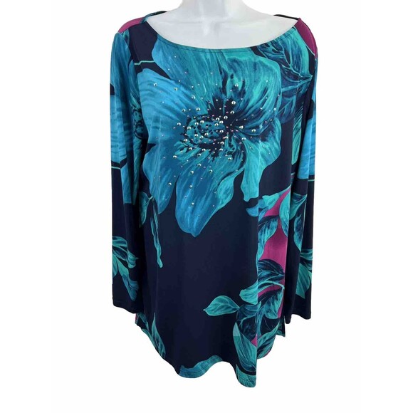 Susan Graver Artisan Gorgeous Blue Flower Blouse top Size M long sleeves - Picture 1 of 5